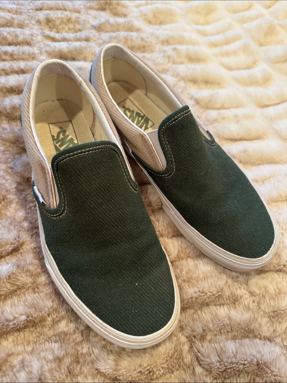 Vans Slip-On Canvas Loafers in Forest Green and Cream